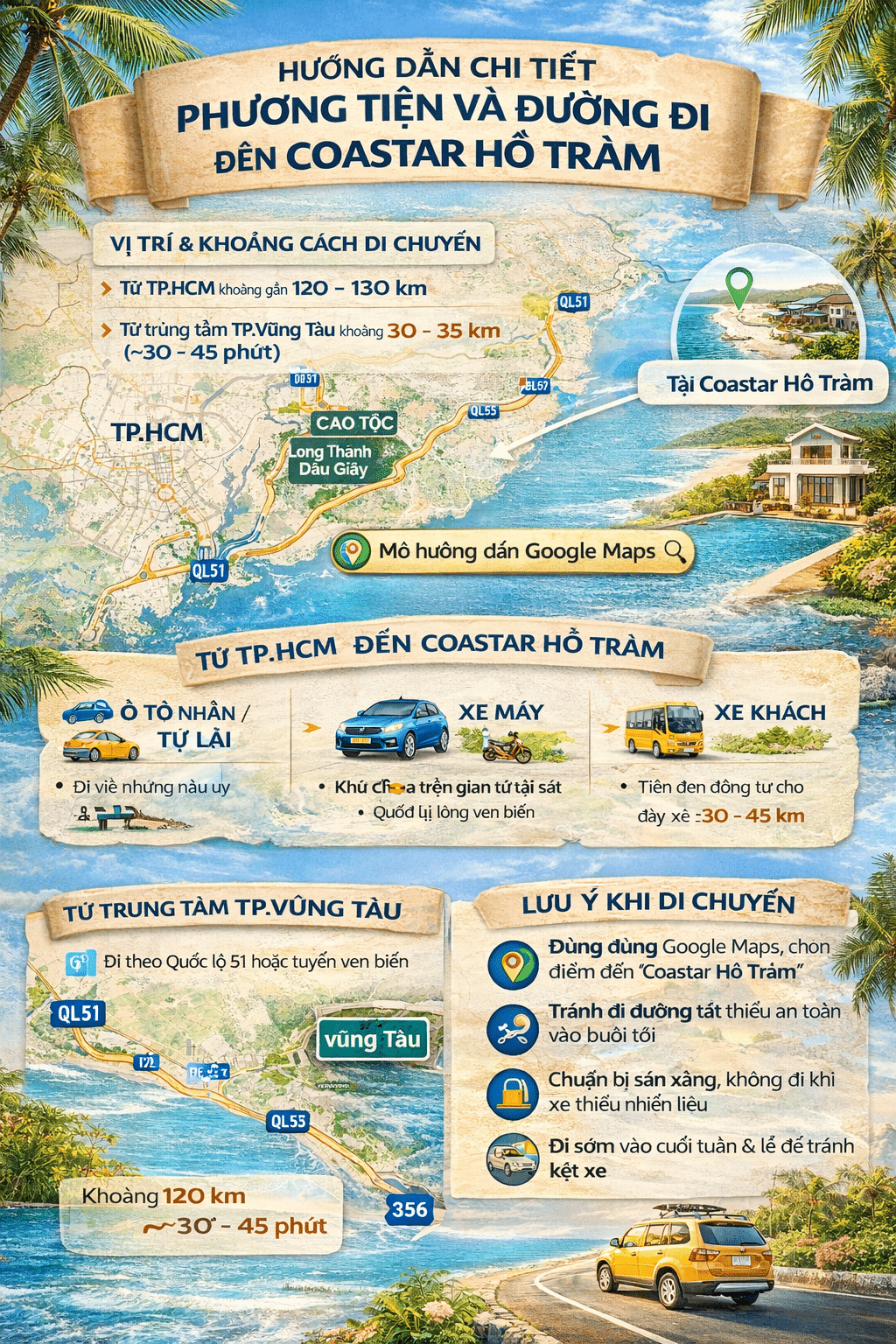 Hướng dẫn chi tiết phương tiện và đường đi đến Coastar Hồ Tràm