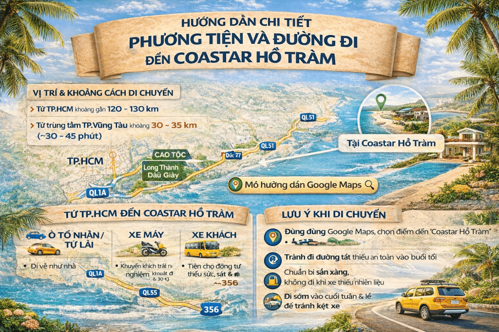 Hướng dẫn chi tiết phương tiện và đường đi đến Coastar Hồ Tràm